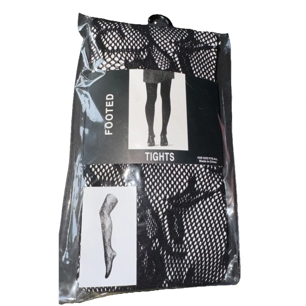 Footed Tights Pantyhose Black Fishnet Floral OSFA 90-150 lbs Goth Dark Fairy